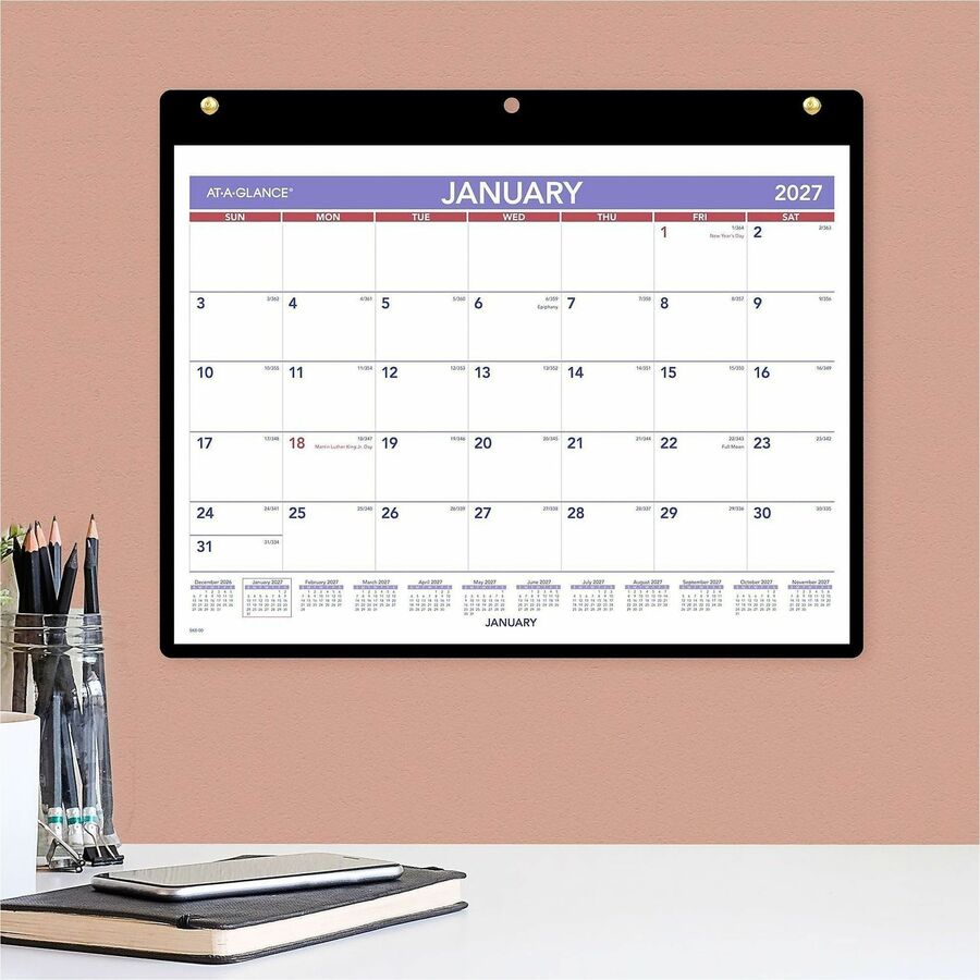 Small - Julian Dates - Monthly - 12 Month - January 2026 to December 2026 - 1 Month Single Page Layout - 11" x 8" Sheet Size - White Sheet - Desktop - Wall Mount - Blue, White, Purple - Poly, Paper - Holder, Unruled Daily Block - 1 Each