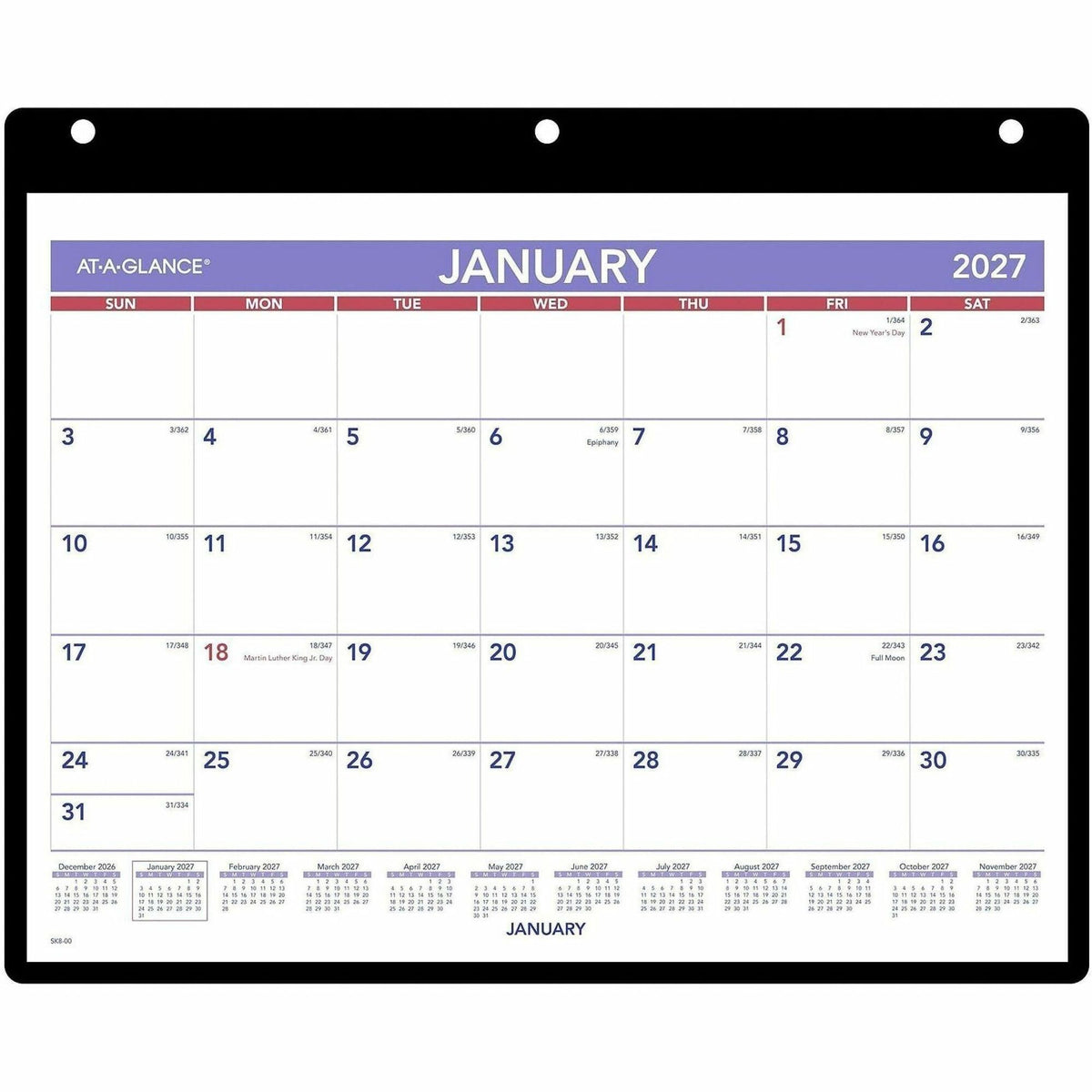 At-A-Glance Monthly Desk-Wall Calendar with Jacket, Small, January-December 2027, 11" x 8", Monthly Layout, Desk or Wall Mount, Blue/White/Purple, Poly and Paper, Julian Dates