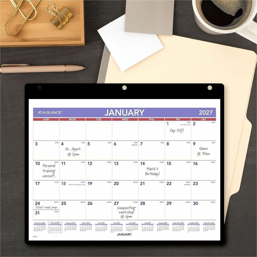 Small - Julian Dates - Monthly - 12 Month - January 2026 to December 2026 - 1 Month Single Page Layout - 11" x 8" Sheet Size - White Sheet - Desktop - Wall Mount - Blue, White, Purple - Poly, Paper - Holder, Unruled Daily Block - 1 Each