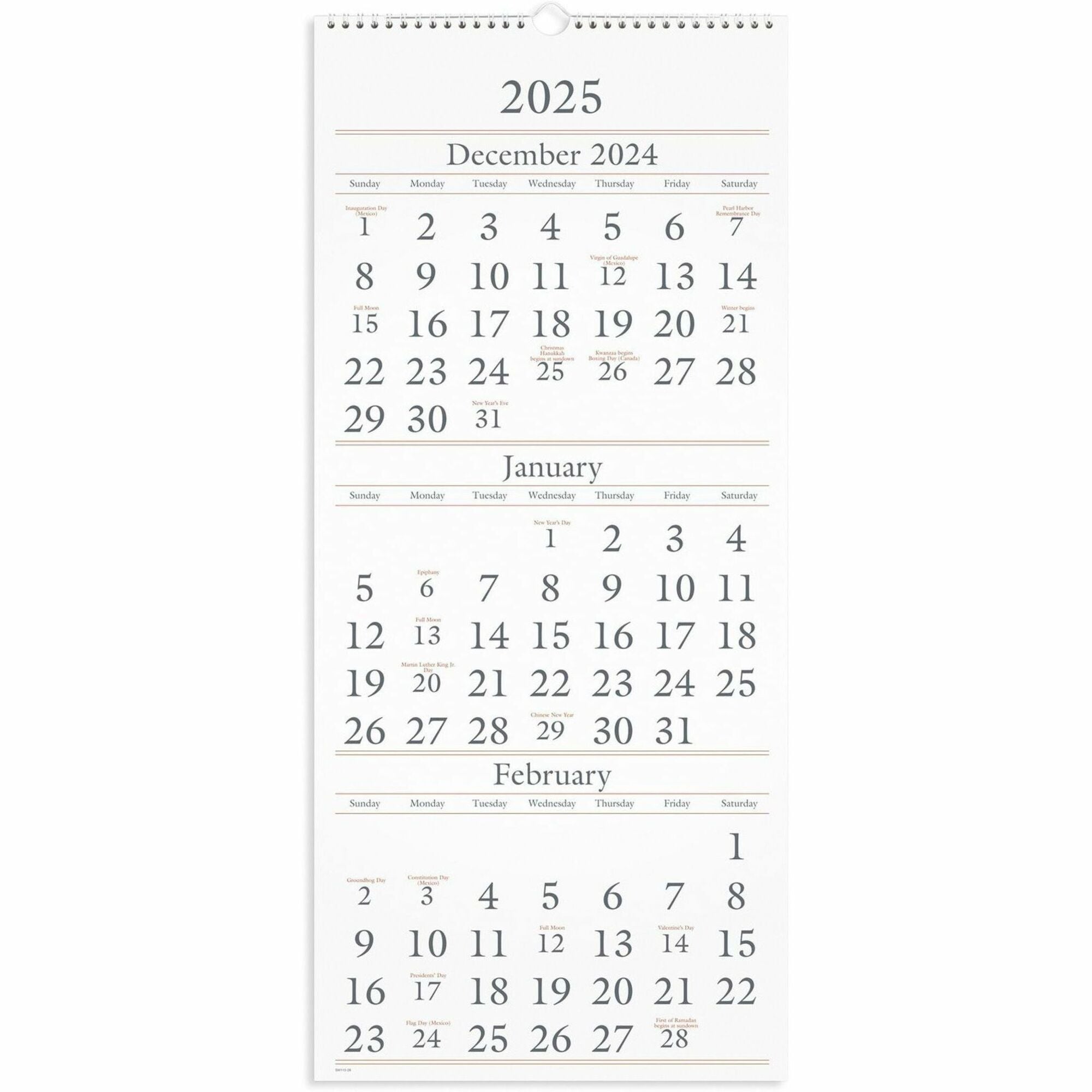 At-A-Glance 3-Month Wall Calendar - Large - Monthly - 15 Month - December 2025 to February 2027 - 3 Month Single Page Layout - 12" x 27" Sheet Size - White Sheet - Wire Bound - Blue, White - Paper - Hanging Loop, Three Month Calendar - 1 Each