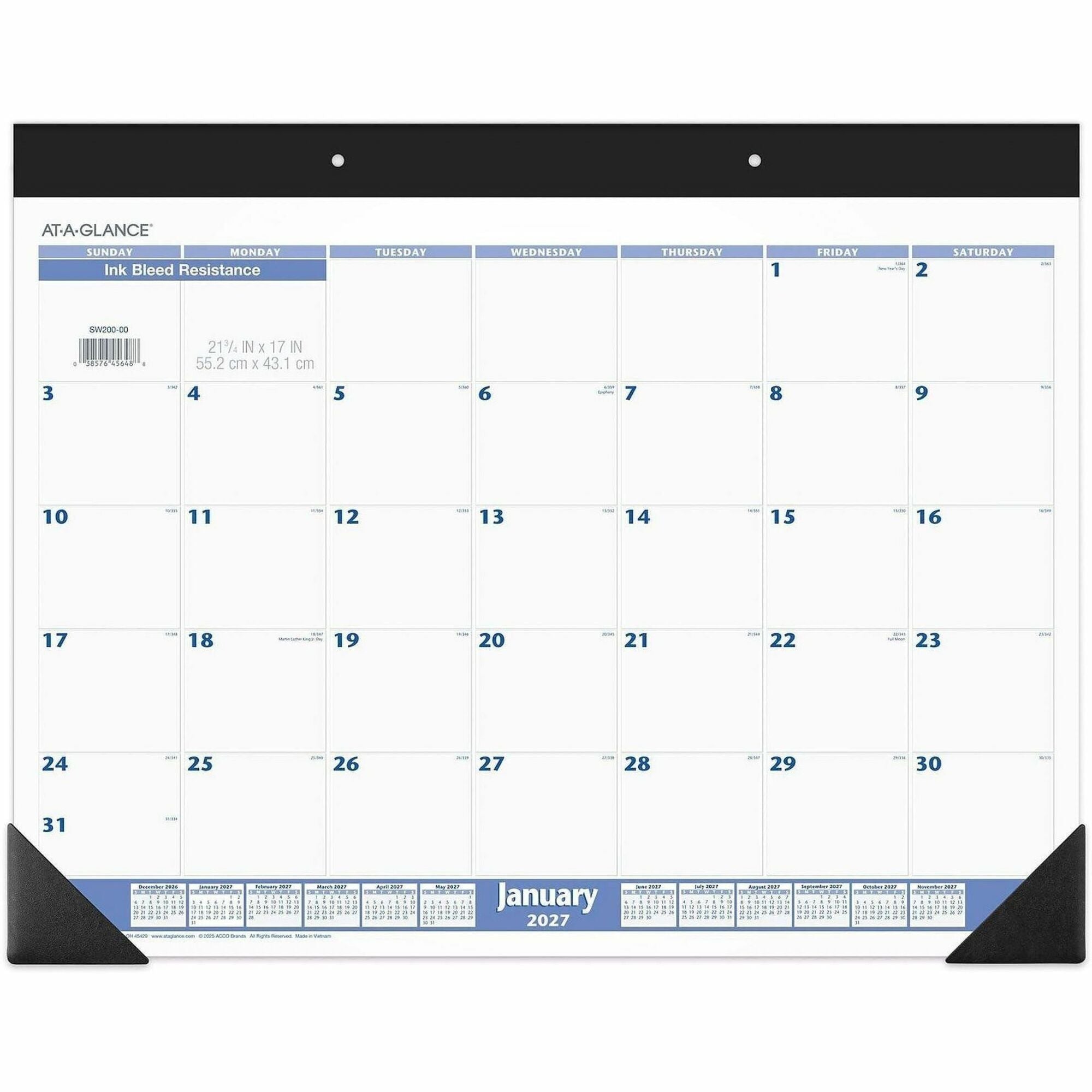 At-A-Glance Desk Pad Calendar - Standard - Julian Dates - Monthly - 12 Month - January 2026 to December 2026 - 1 Month Single Page Layout - 21 3/4" x 17" Sheet Size - White Sheet - Headband - Desk Pad - Blue, Gray, White - Poly, Paper - 1 Each
