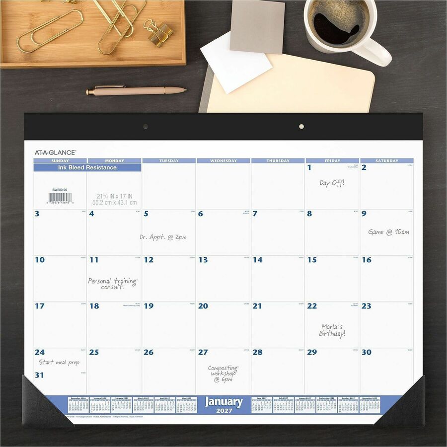 At-A-Glance Desk Pad Calendar - Standard - Julian Dates - Monthly - 12 Month - January 2026 to December 2026 - 1 Month Single Page Layout - 21 3/4" x 17" Sheet Size - White Sheet - Headband - Desk Pad - Blue, Gray, White - Poly, Paper - 1 Each