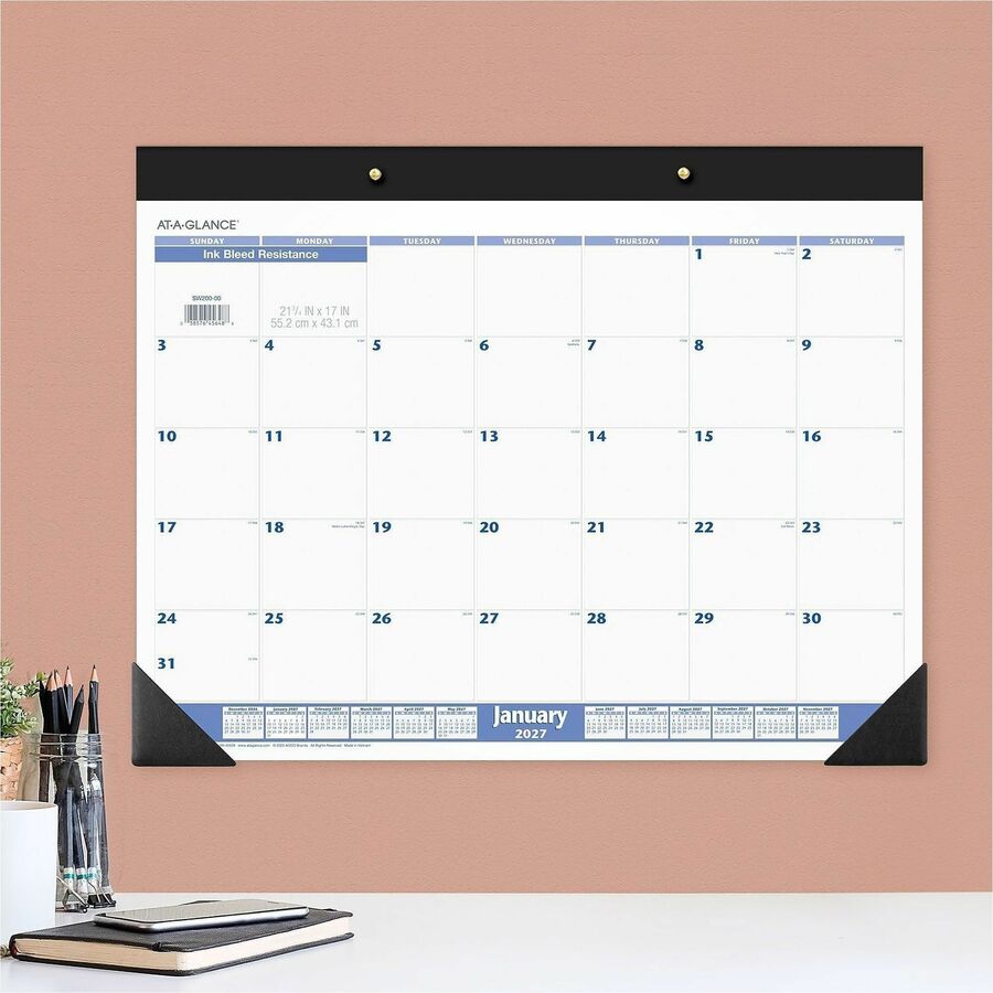 At-A-Glance Desk Pad Calendar - Standard - Julian Dates - Monthly - 12 Month - January 2026 to December 2026 - 1 Month Single Page Layout - 21 3/4" x 17" Sheet Size - White Sheet - Headband - Desk Pad - Blue, Gray, White - Poly, Paper - 1 Each