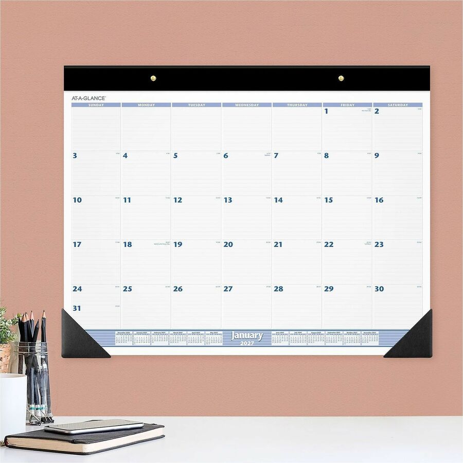 At-A-Glance Desk Pad Calendar, Large, Monthly, January 2026–December 2026, 19" x 24", 1 Each, Blue/Gray/White, Poly/Paper