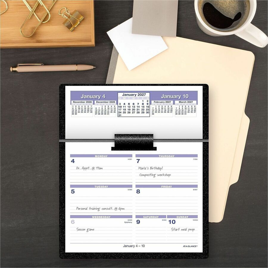 Large - Julian Dates - Weekly - 12 Month - January 2026 to December 2026 - 1 Week Double Page Layout - 5 1/2" x 7" Sheet Size - White Sheet - 1-ring - Desk - Black, Blue, White - Paper - 1 Each