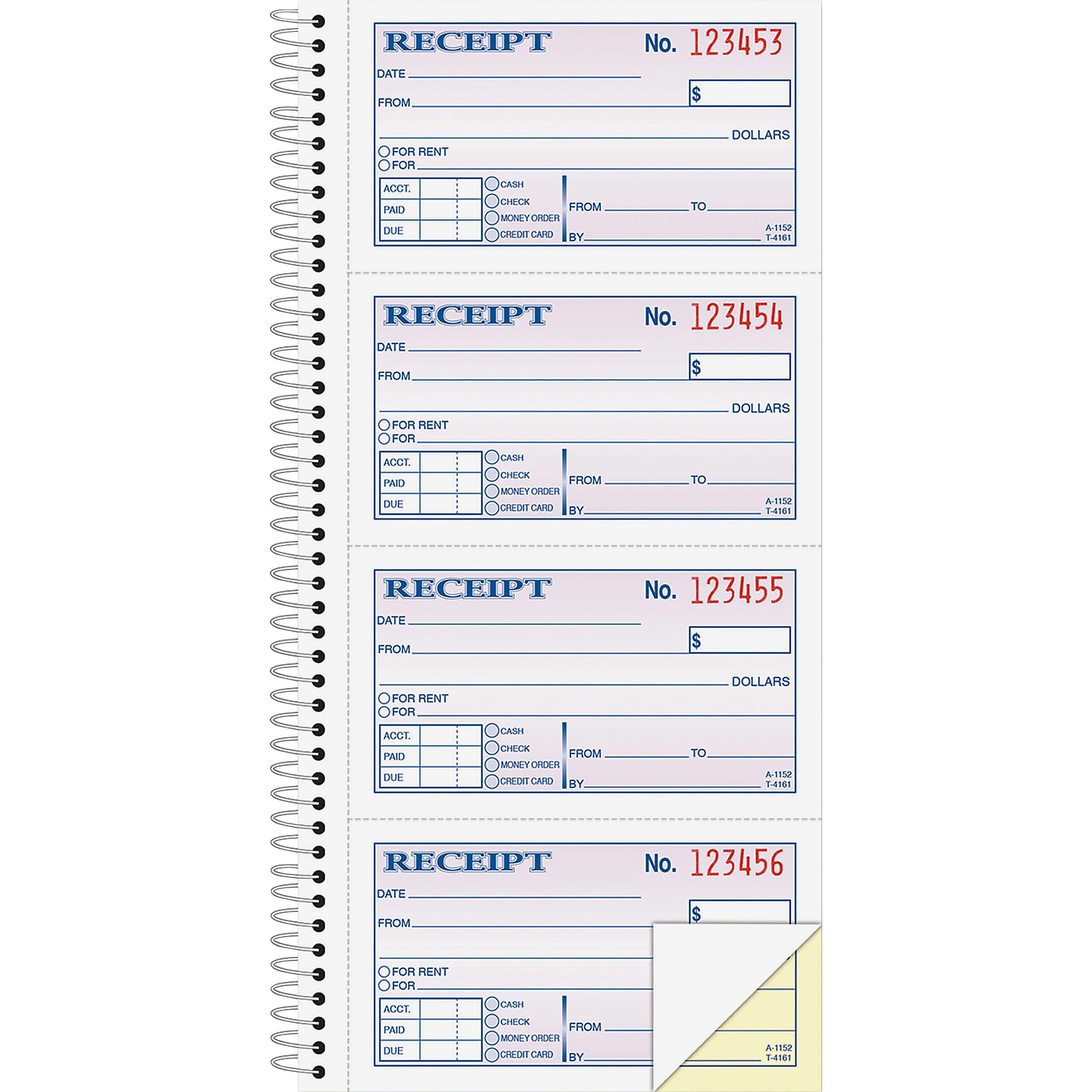 Adams Spiral 2-part Money/Rent Receipt Book - 200 Sheet(s) - Spiral Bound - 2 Part - 11" x 5.25" Form Size - White, Canary - Assorted Sheet(s) - 1 Each