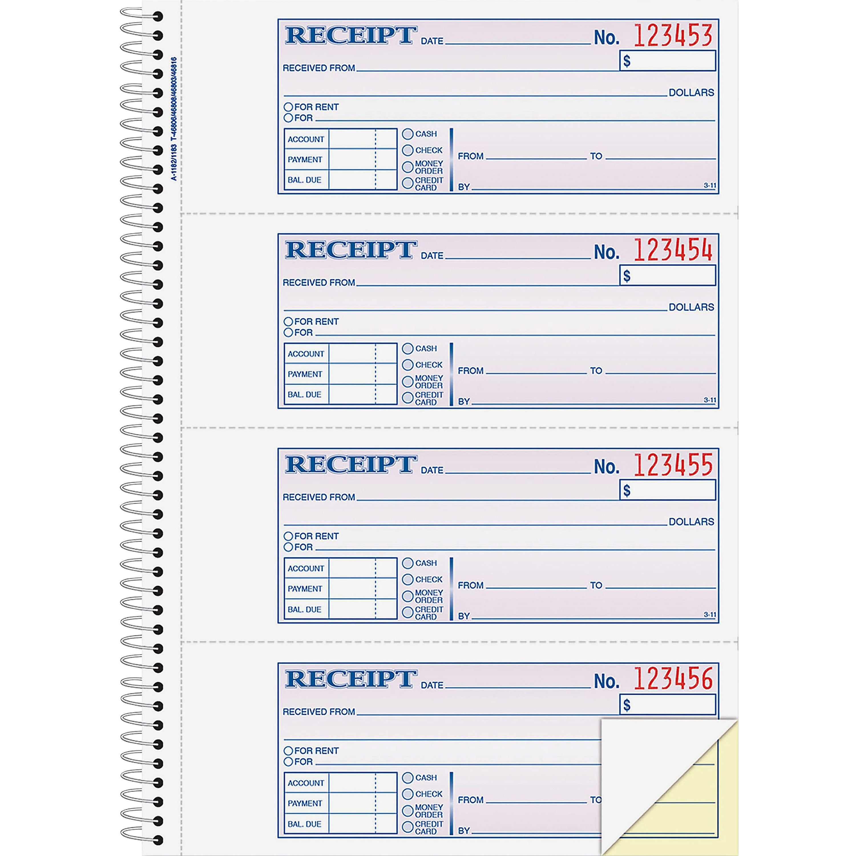 Adams Spiral 2-part Money/Rent Receipt Book - 200 Sheet(s) - Spiral Bound - 2 Part - 2.75" x 7.62" Form Size - White, Canary - Assorted Sheet(s) - 1 Each