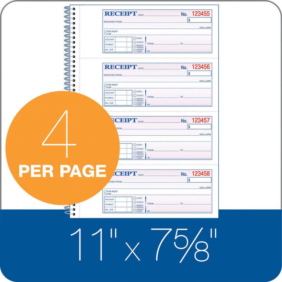 Adams Spiral 2-part Money/Rent Receipt Book - 200 Sheet(s) - Spiral Bound - 2 Part - 2.75" x 7.62" Form Size - White, Canary - Assorted Sheet(s) - 1 Each