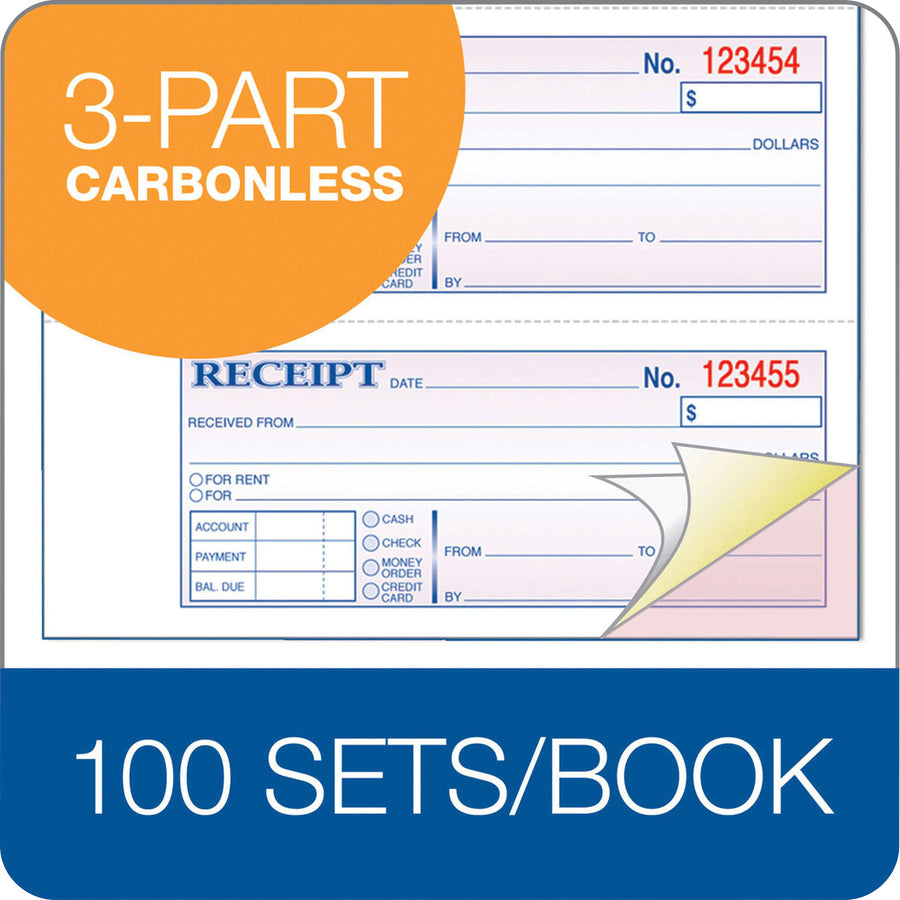 Adams Tapebound 3-part Money Receipt Book - 100 Sheet(s) - Tape Bound - 3 Part - Carbonless Copy - 2.75" x 7.62" Form Size - White, Canary, Pink - Assorted Sheet(s) - 1 Each