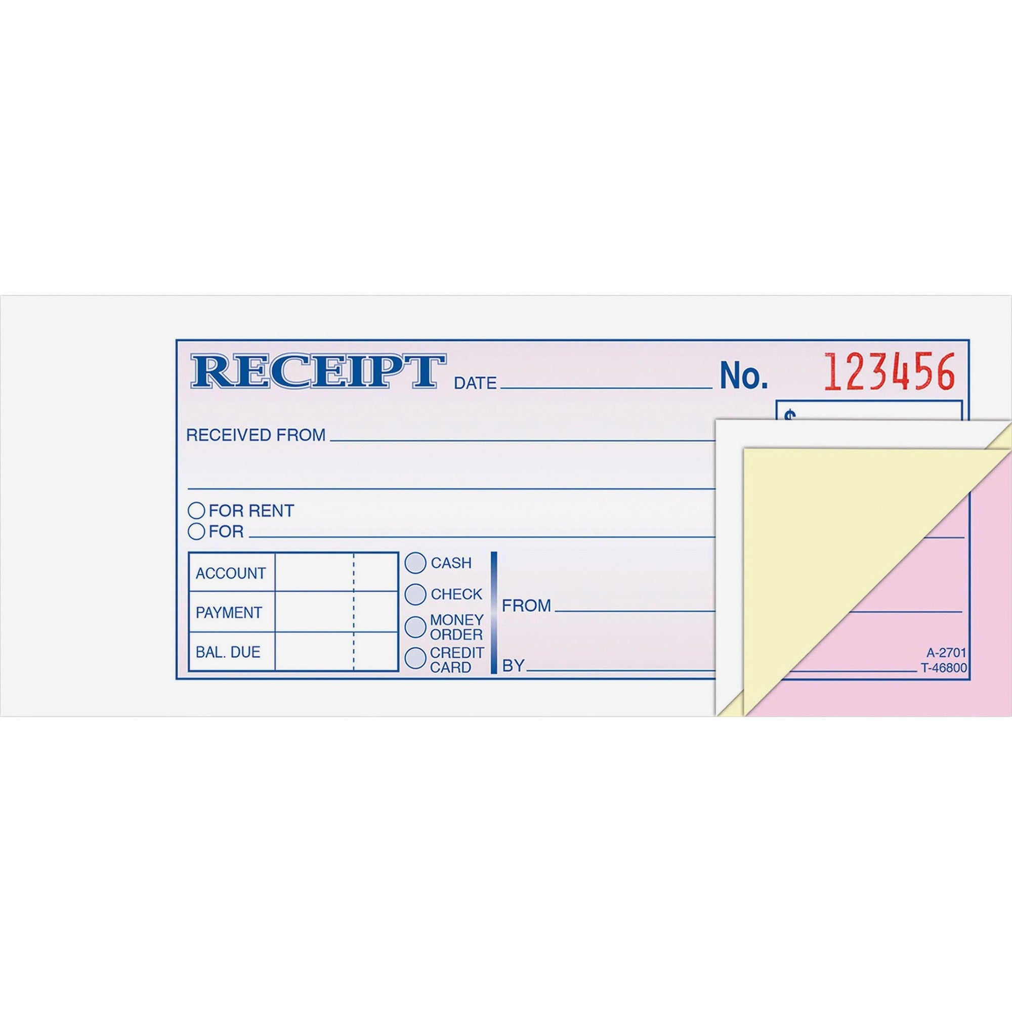 Adams Tapebound 3-part Money Receipt Book - 50 Sheet(s) - Tape Bound - 3 Part - Carbonless Copy - 6.75" x 2.75" Sheet Size - White, Canary, Pink - 1 Each