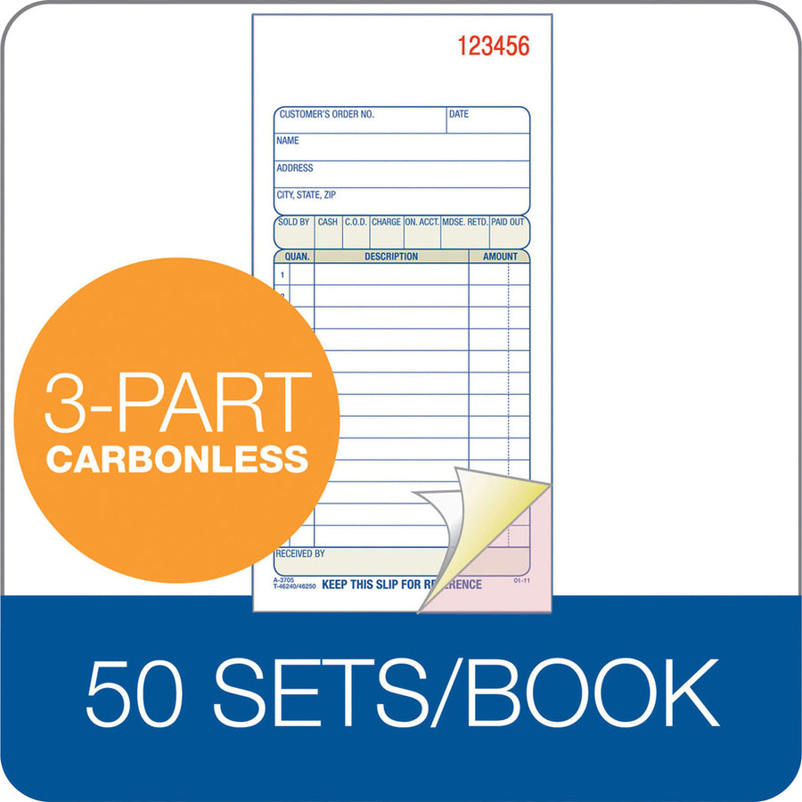 Adams Carbonless 3-part Sales Order Books - 50 Sheet(s) - 3 Part - Carbonless Copy - 3.34" x 7.18" Sheet Size - White - Assorted Sheet(s) - 1 Each