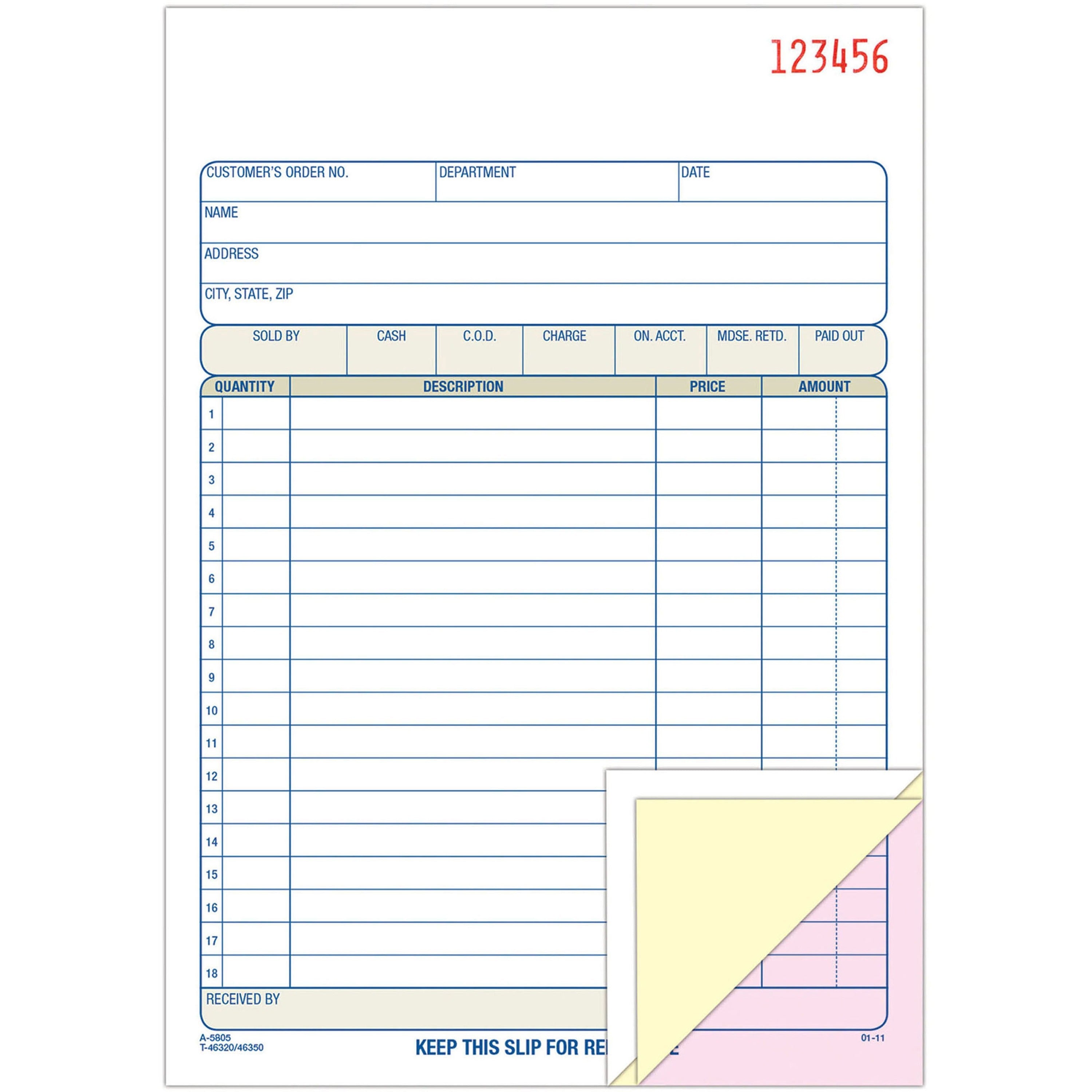 Adams Carbonless 3-part Sales Order Books - 50 Sheet(s) - 3 Part - Carbonless Copy - 5.56" x 8.43" Sheet Size - White, Canary, Pink - Assorted Sheet(s) - 1 Each