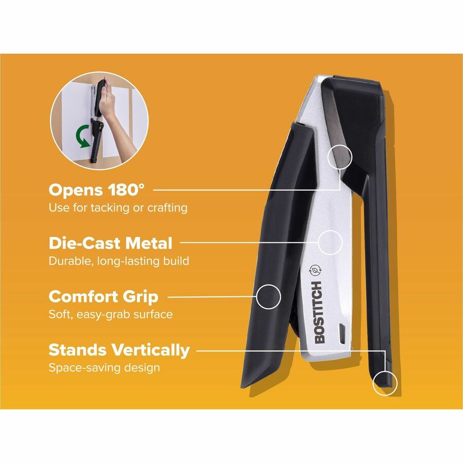 Bostitch InPower Spring-Powered Antimicrobial Desktop Stapler - Staples Upto 28 Sheet - Holds Upto 210 Staple - Full Strip - 4.50" Throat Depth - Silver, Black - Rubber, Die-cast Metal, Metal - 1 Each