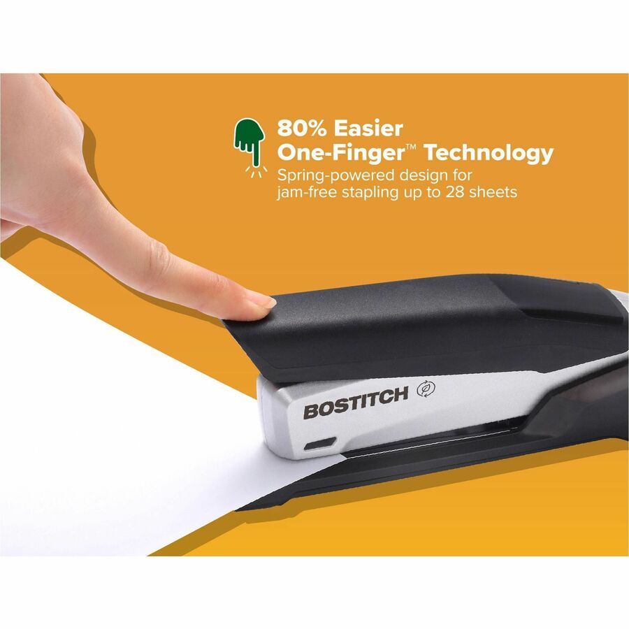 Bostitch InPower Spring-Powered Antimicrobial Desktop Stapler - Staples Upto 28 Sheet - Holds Upto 210 Staple - Full Strip - 4.50" Throat Depth - Silver, Black - Rubber, Die-cast Metal, Metal - 1 Each