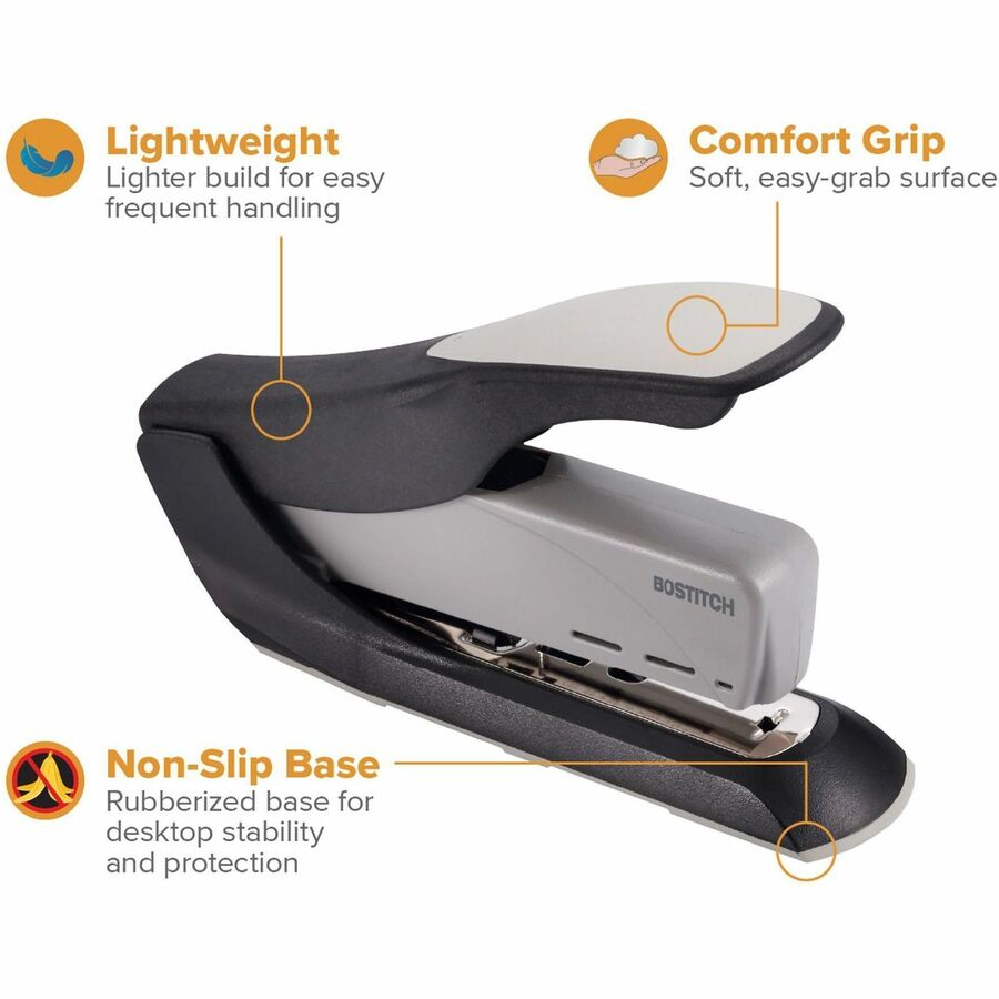 Bostitch Spring-Powered Antimicrobial Heavy Duty Stapler - Staples Upto 60 Sheet - Staple Size: 0.31" , 0.37" - 2.62" Throat Depth - Black, Gray - Steel, Rubber, Plastic - 1 Each