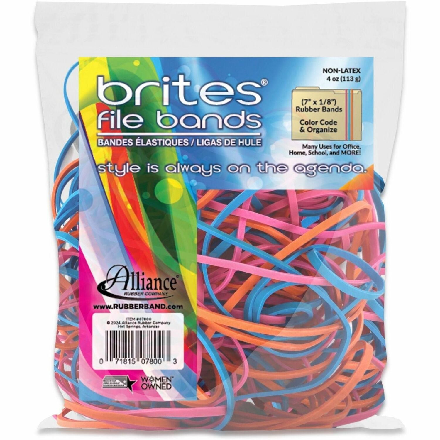 Size: #117B - 7" Length x 0.1" Width - Reusable, Elastic, Stretchable, Latex-free, Freezer Safe, Microwave Safe, Durable - Pink, Blue, Orange - 50 / Pack