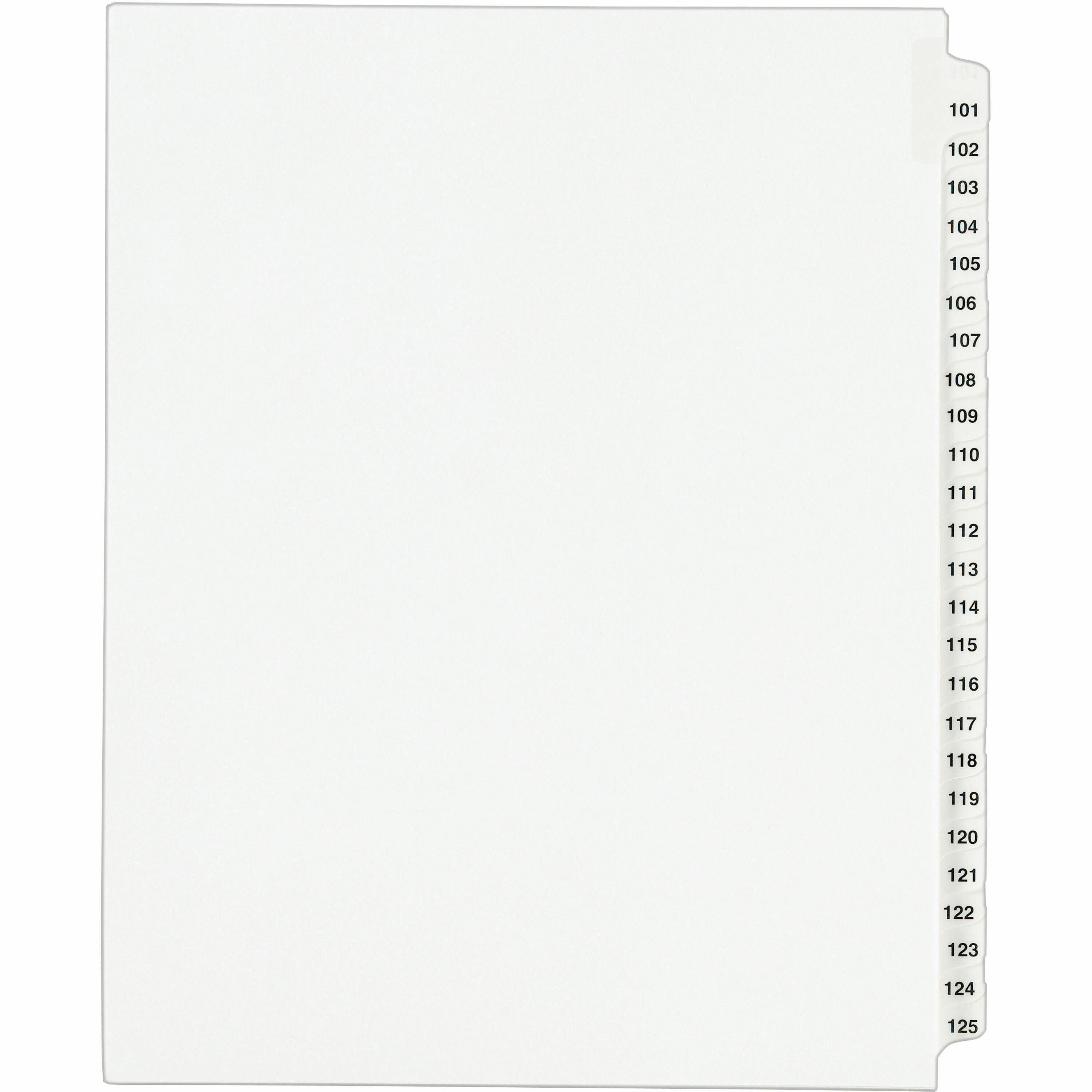 Avery Standard Collated Legal Exhibit Divider Set, 25 Dividers, Tabs 101-125, Letter Size, White Paper, Clear Reinforced Rip Proof Tabs, Unpunched, 1 Set, 20% Recycled Content
