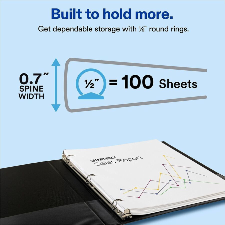 Avery&reg; Economy Binder - 1/2" Binder Capacity - Letter - 8 1/2" x 11" Sheet Size - 100 Sheet Capacity - 3 Ring(s) - Fastener(s): Round Ring - Pocket(s): 2, Internal - Vinyl - Black - Recycled - Stain Resistant - 1 Each