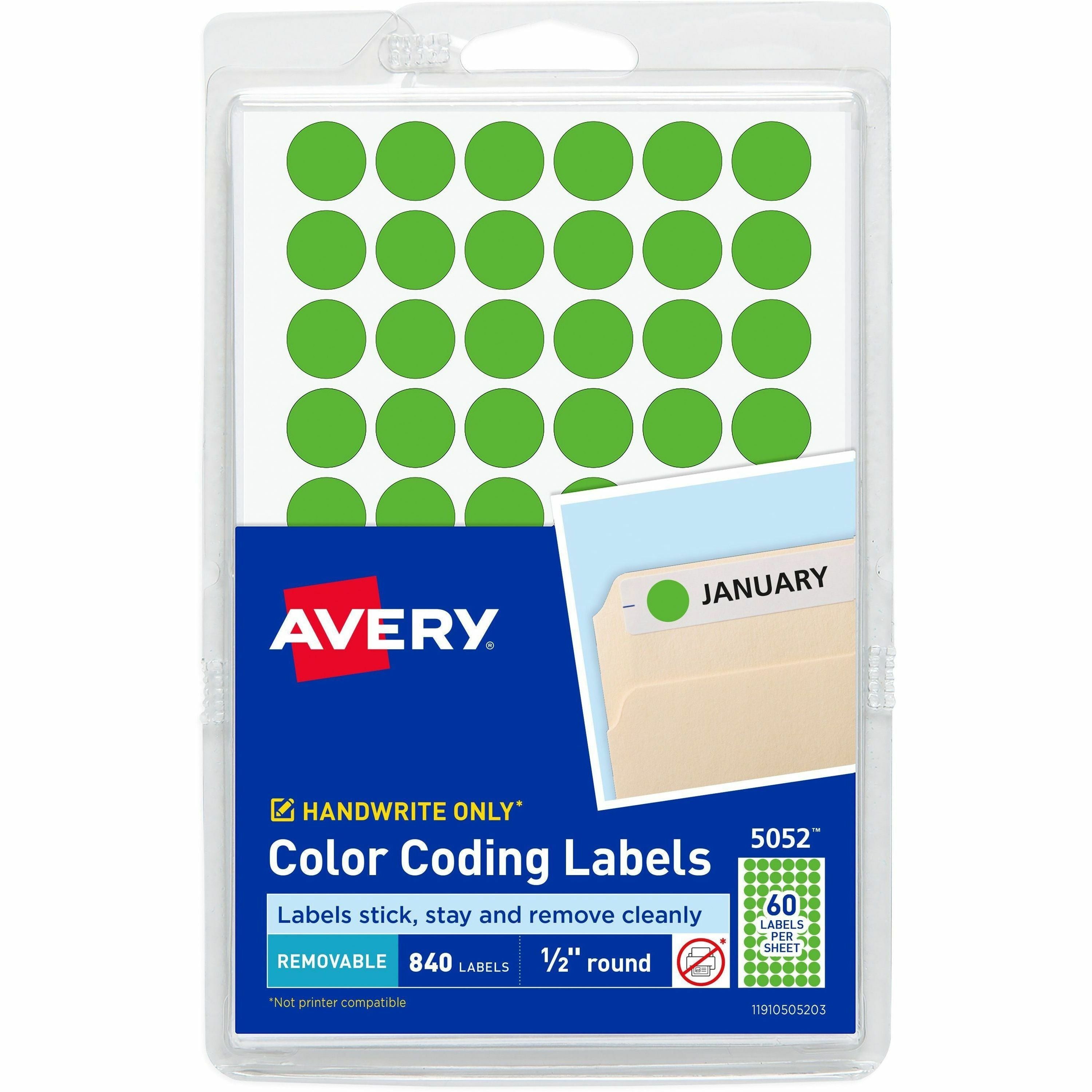 Avery&reg; Color-Coding Labels - 1/2" Diameter - Removable Adhesive - Round - Neon Green - Paper - Self-adhesive - 60 / Sheet - 840 / Pack