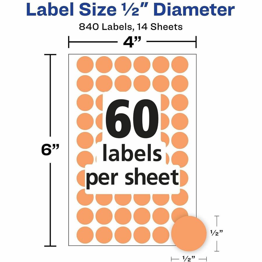 Avery&reg; Color-Coding Labels - 1/2" Diameter - Removable Adhesive - Round - Orange - Paper - Self-adhesive - 60 / Sheet - 840 / Pack