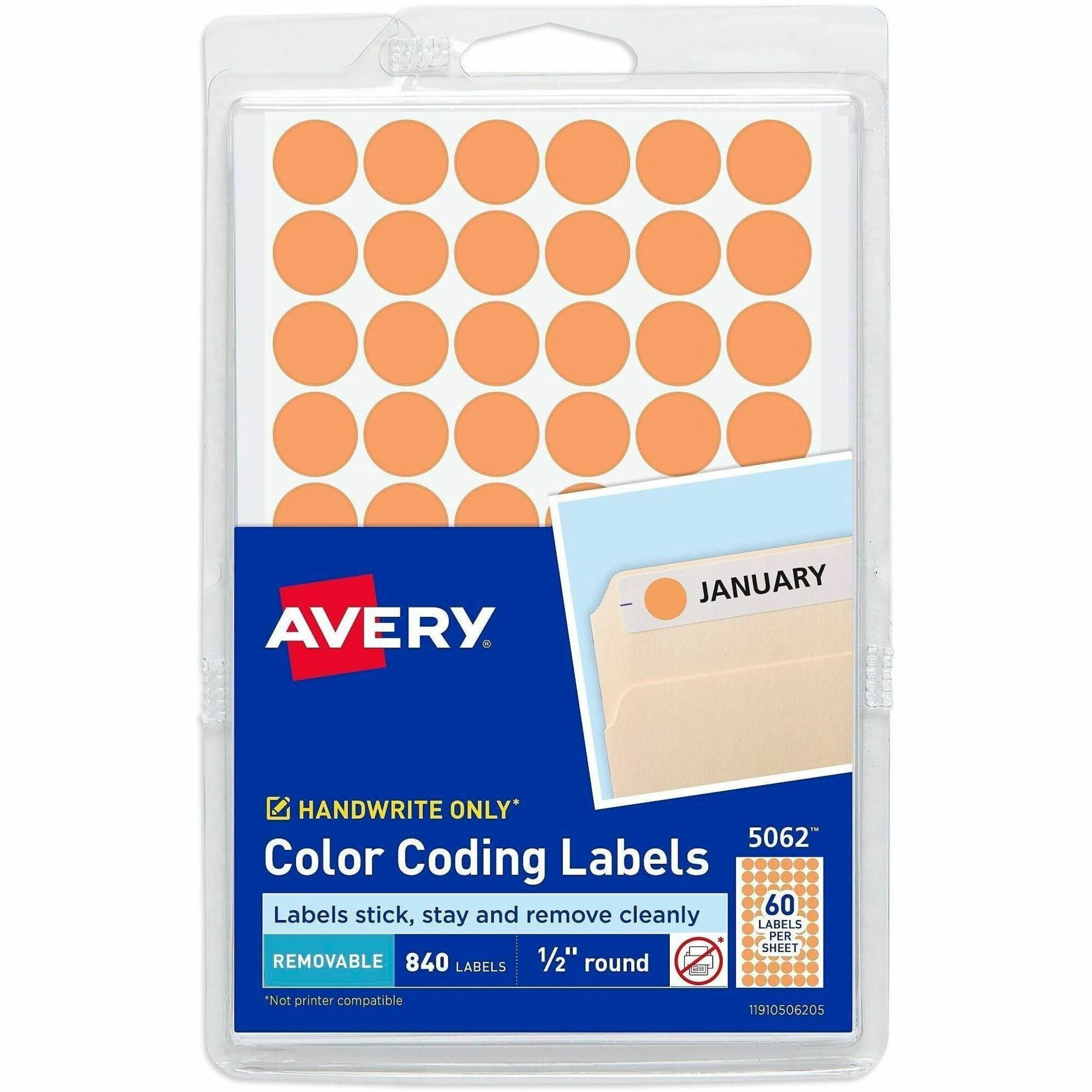 Avery&reg; Color-Coding Labels - 1/2" Diameter - Removable Adhesive - Round - Orange - Paper - Self-adhesive - 60 / Sheet - 840 / Pack