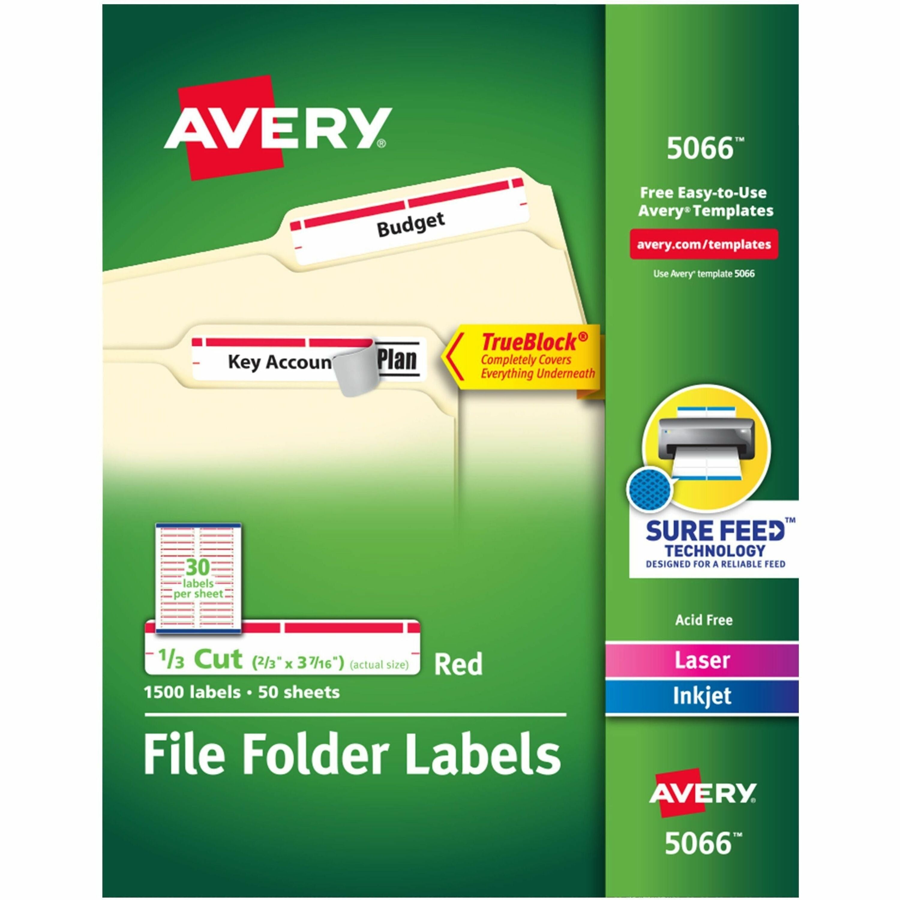 Avery TrueBlock File Folder Labels, Red, 2/3" x 3 7/16", Matte, Rectangle, Permanent Adhesive, Jam Resistant, 30 Labels/Sheet, 50 Sheets, 1500 Labels/Box