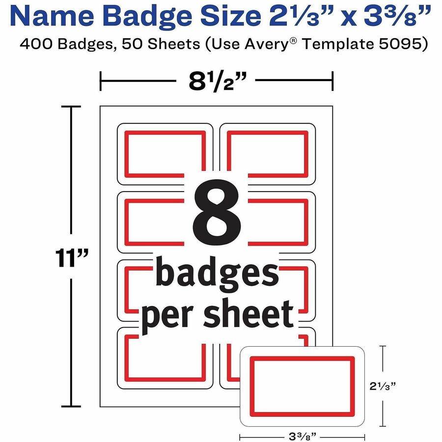 2 21/64" Width x 3 3/8" Length - Removable Adhesive - Rectangle - Inkjet, Laser - Matte - White, Red - Red Border - Film - PVC-free, Flexible, Peel-off, Removable, Durable, Self-adhesive - 8 / Sheet - 50 Total Sheets - 400 Total Label(s) - 400 / Box