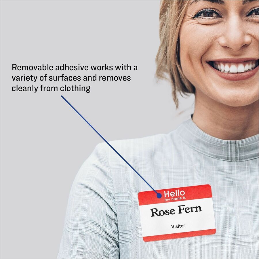 Avery Border Print/Write Hello Name Badges, "Hello My Name Is", White/Red, Removable Adhesive, Matte Paper, Rectangle, 2-21/64" x 3-3/8", 100 Labels per Pack