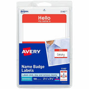 Avery Border Print/Write Hello Name Badges, "Hello My Name Is", White/Red, Removable Adhesive, Matte Paper, Rectangle, 2-21/64" x 3-3/8", 100 Labels per Pack