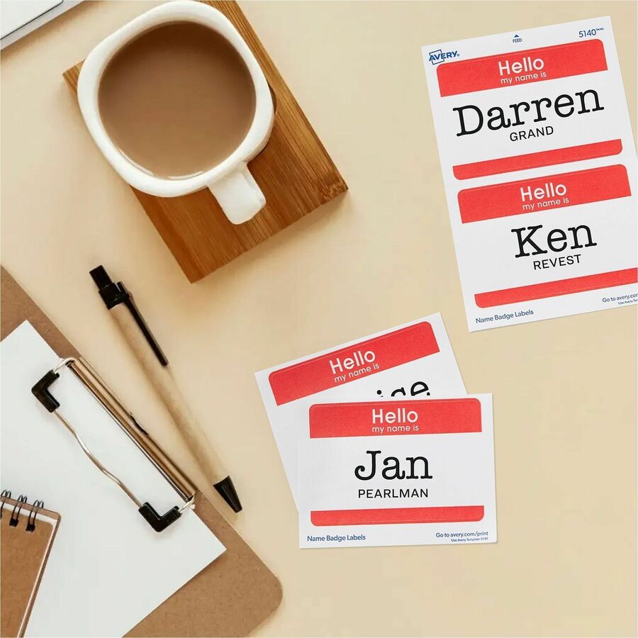 Avery Border Print/Write Hello Name Badges, "Hello My Name Is", White/Red, Removable Adhesive, Matte Paper, Rectangle, 2-21/64" x 3-3/8", 100 Labels per Pack