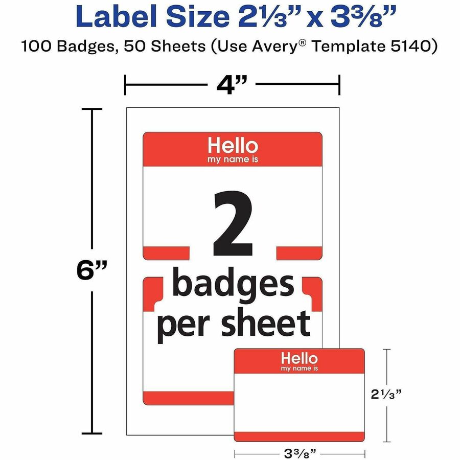 Avery Border Print/Write Hello Name Badges, "Hello My Name Is", White/Red, Removable Adhesive, Matte Paper, Rectangle, 2-21/64" x 3-3/8", 100 Labels per Pack