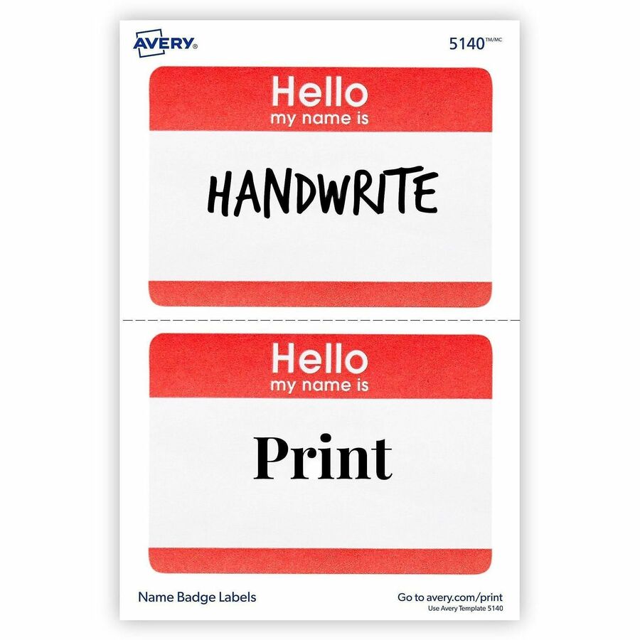 Avery Border Print/Write Hello Name Badges, "Hello My Name Is", White/Red, Removable Adhesive, Matte Paper, Rectangle, 2-21/64" x 3-3/8", 100 Labels per Pack