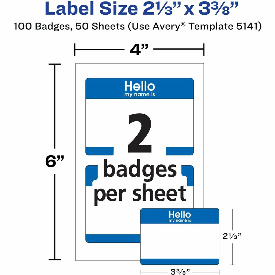 Avery Border Print/Write Hello Name Badges, "Hello My Name Is", 2 21/64" x 3 3/8", Removable Adhesive, White/Blue, Matte Paper, 2 per Sheet, 50 Sheets, 100 Labels per Pack