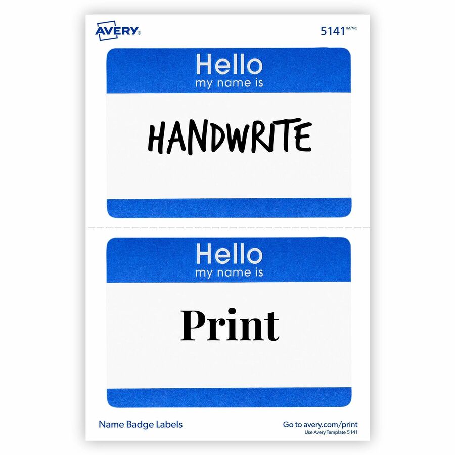 Avery Border Print/Write Hello Name Badges, "Hello My Name Is", 2 21/64" x 3 3/8", Removable Adhesive, White/Blue, Matte Paper, 2 per Sheet, 50 Sheets, 100 Labels per Pack