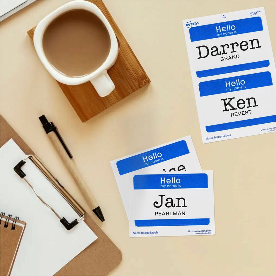 Avery Border Print/Write Hello Name Badges, "Hello My Name Is", 2 21/64" x 3 3/8", Removable Adhesive, White/Blue, Matte Paper, 2 per Sheet, 50 Sheets, 100 Labels per Pack