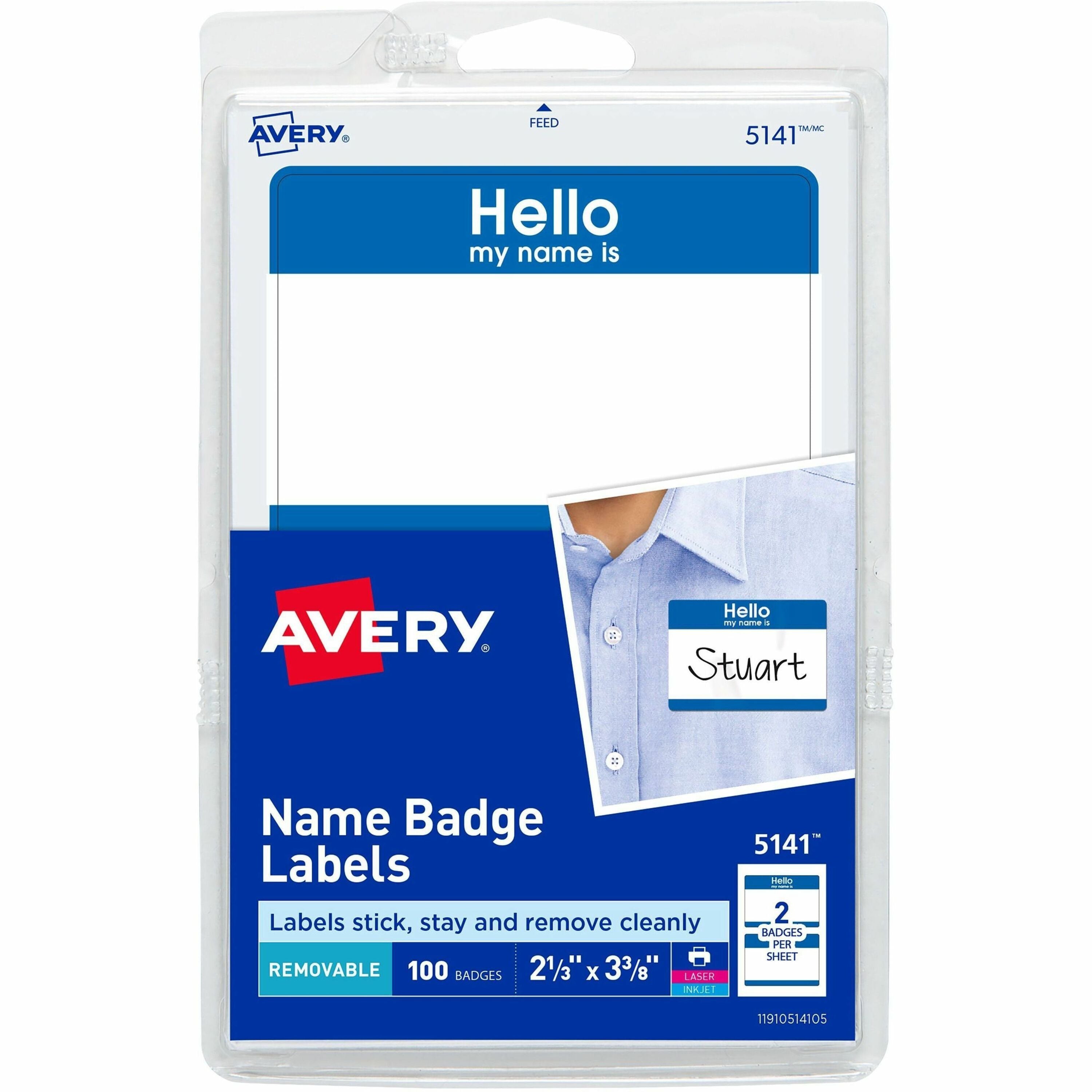 Avery Border Print/Write Hello Name Badges, "Hello My Name Is", 2 21/64" x 3 3/8", Removable Adhesive, White/Blue, Matte Paper, 2 per Sheet, 50 Sheets, 100 Labels per Pack