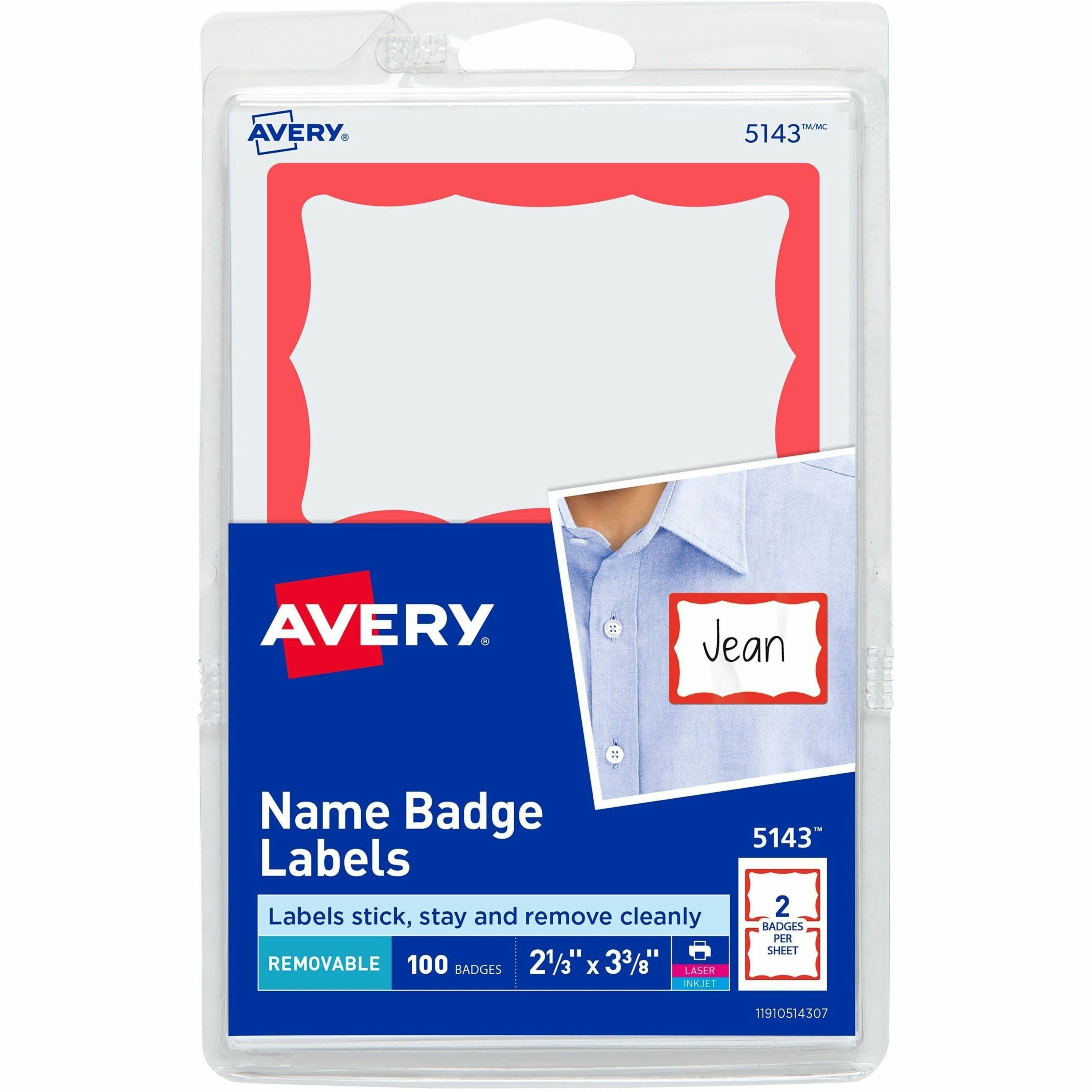 Avery Border Print or Write Name Tags, 2 21/64" x 3 3/8", Removable Adhesive, Rectangle, Matte White with Red Border, Paper, 2 per Sheet, 50 Sheets, 100 Labels per Pack