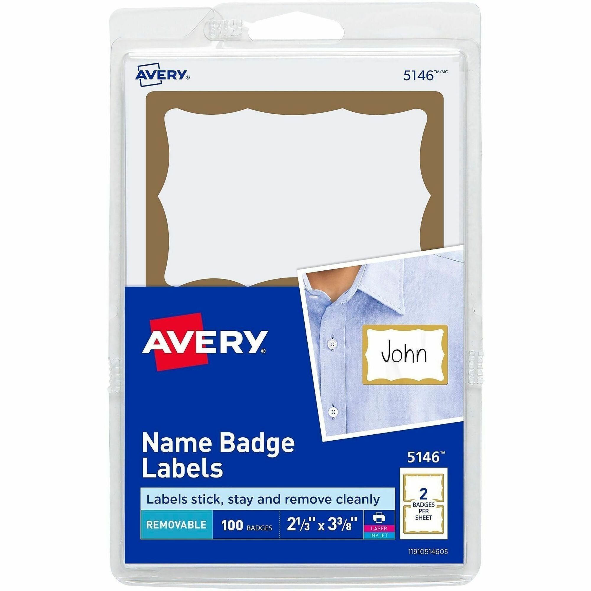 Avery Border Print or Write Name Tags, White with Gold Border, Matte Paper, Removable Self-Adhesive, Rectangle, 2-21/64" x 3-3/8", 2 per Sheet, 50 Sheets, 100 Labels per Pack
