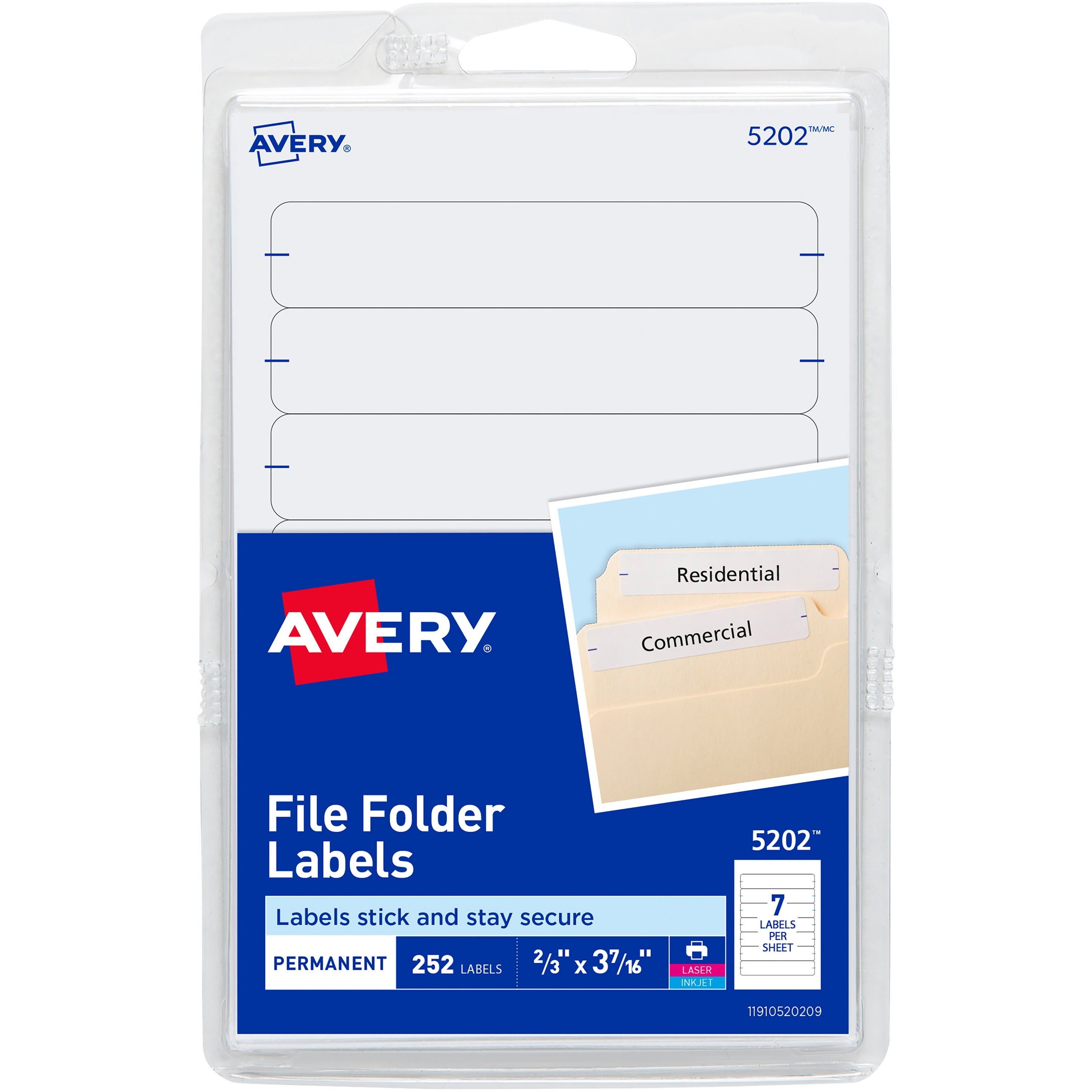 Avery&reg; Permanent File Folder Labels - 11/16" Width x 3 7/16" Length - Permanent Adhesive - Rectangle - Laser, Inkjet - White - Self-adhesive - 7 / Sheet - 252 / Pack