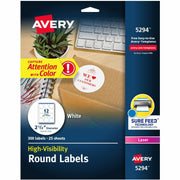 Avery&reg; Round High Visibility Labels - 2 1/2" Diameter - Permanent Adhesive - Round - Inkjet, Laser - Matte - White - Paper - Permanent Adhesive, Stick & Stay - 12 / Sheet - 25 Total Sheets - 300 Total Label(s) - 300 / Pack