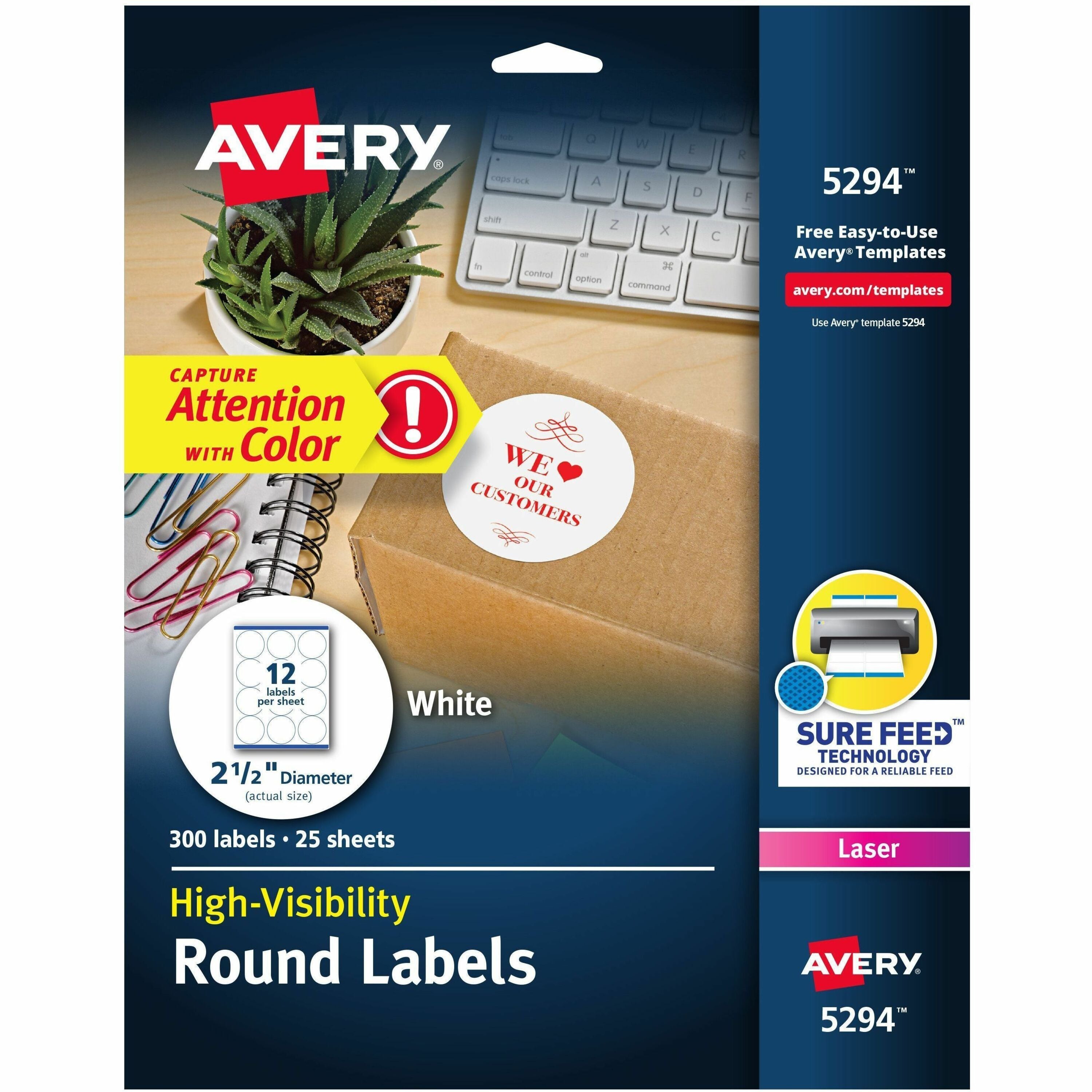 Avery&reg; Round High Visibility Labels - 2 1/2" Diameter - Permanent Adhesive - Round - Inkjet, Laser - Matte - White - Paper - Permanent Adhesive, Stick & Stay - 12 / Sheet - 25 Total Sheets - 300 Total Label(s) - 300 / Pack