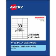 Avery&reg; Copier Address Labels - 1" Width x 2 3/16" Length - Permanent Adhesive - Rectangle - White - Paper - 33 / Sheet - 250 Total Sheets - 8250 Total Label(s) - 8250 / Box