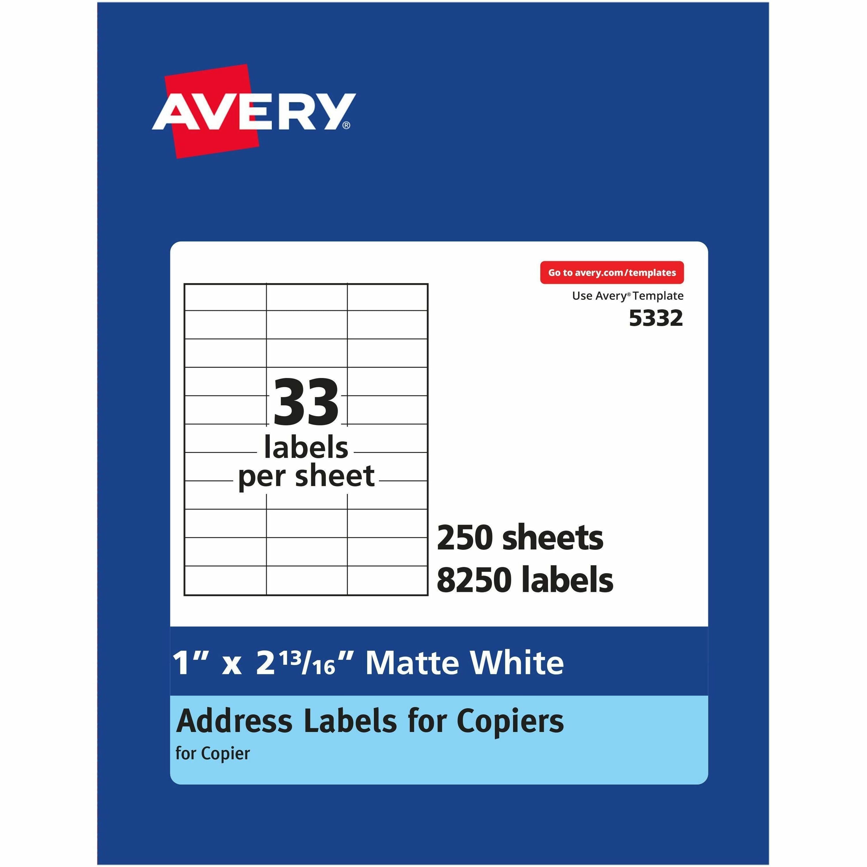 Avery&reg; Copier Address Labels - 1" Width x 2 3/16" Length - Permanent Adhesive - Rectangle - White - Paper - 33 / Sheet - 250 Total Sheets - 8250 Total Label(s) - 8250 / Box