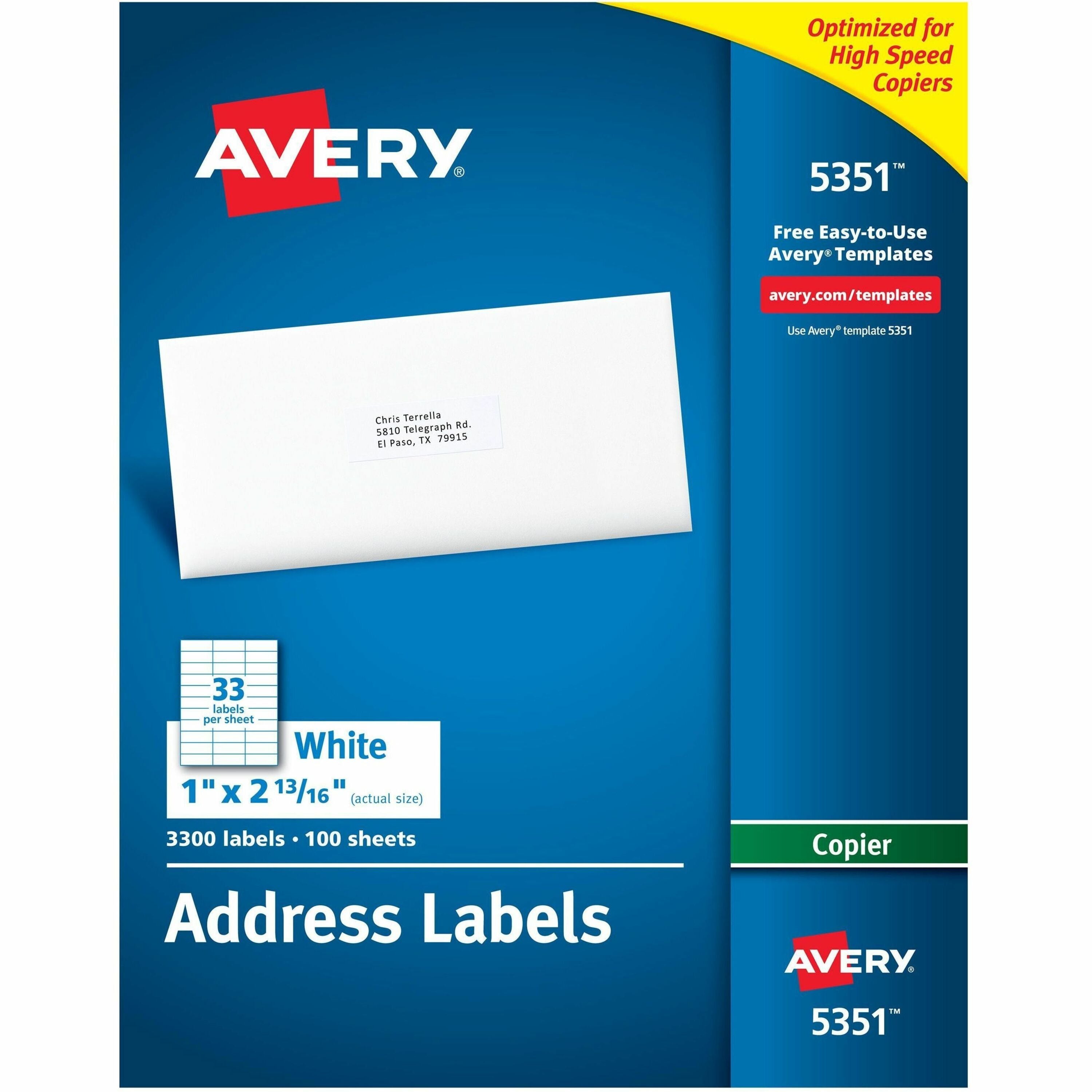 Avery&reg; Copier Address Labels - 1" Width x 2 13/16" Length - Permanent Adhesive - Rectangle - White - Paper - 33 / Sheet - 100 Total Sheets - 3300 Total Label(s) - 3300 / Box
