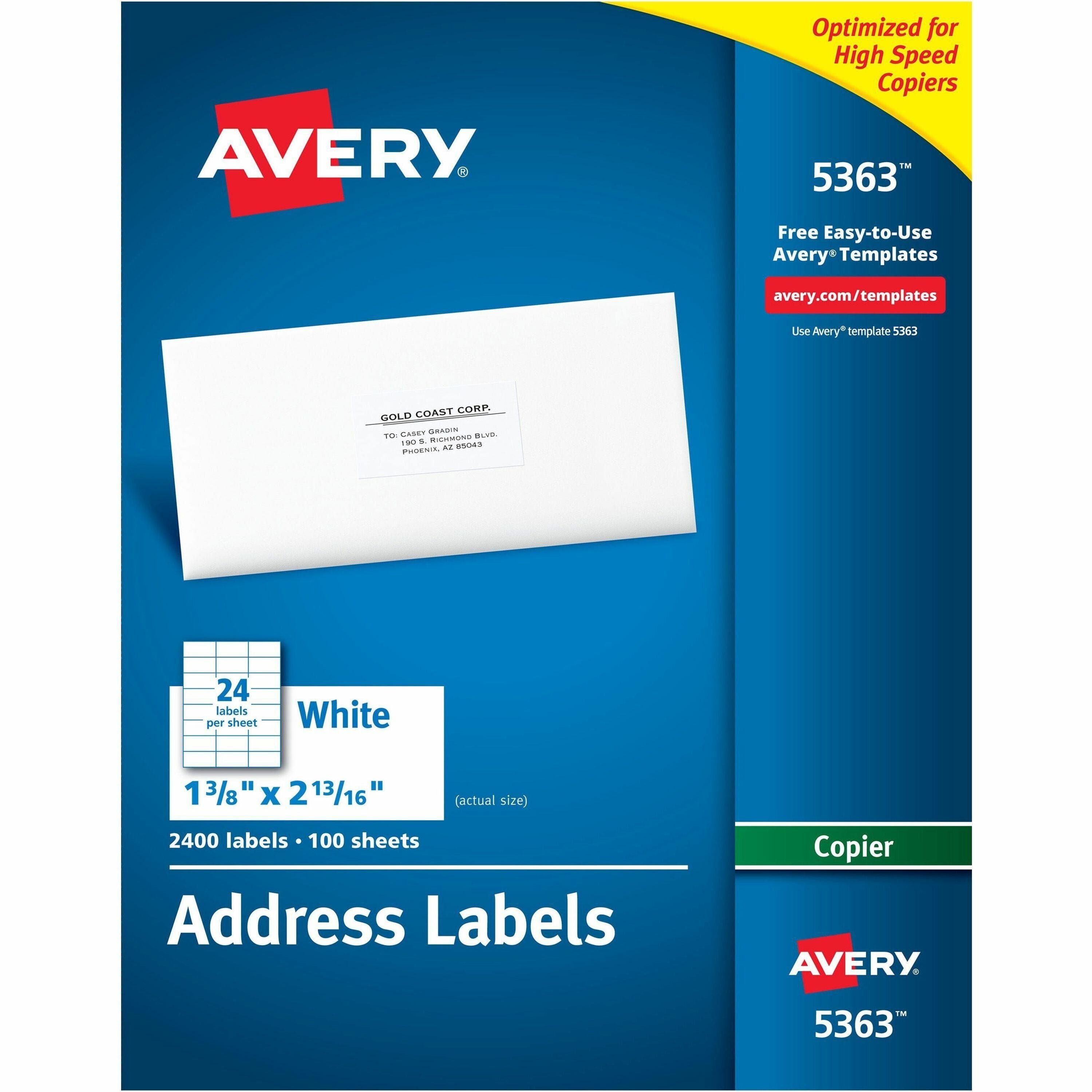 Avery&reg; Copier Address Labels - 1 3/8" Width x 2 13/16" Length - Permanent Adhesive - Rectangle - White - Paper - 24 / Sheet - 100 Total Sheets - 2400 Total Label(s) - 2400 / Box