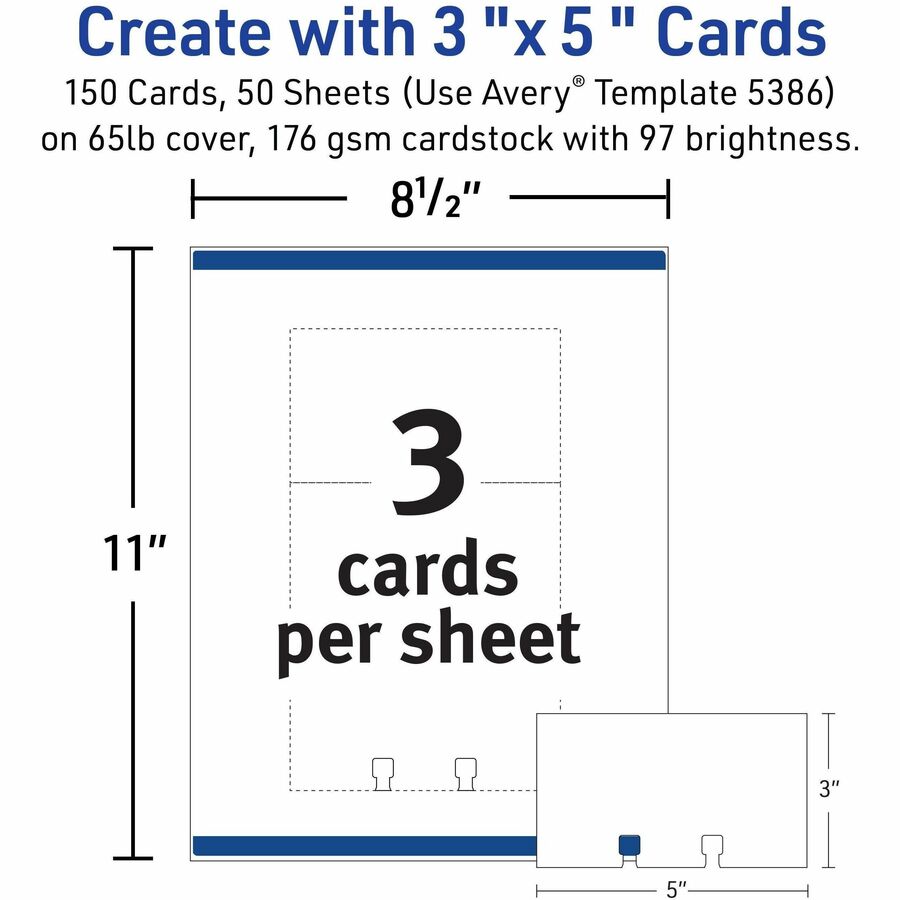 Index Card - 3" x 5" - Perforated, Heavyweight, Double-sided, Printable - White - 3 Sheets - 150 / Box