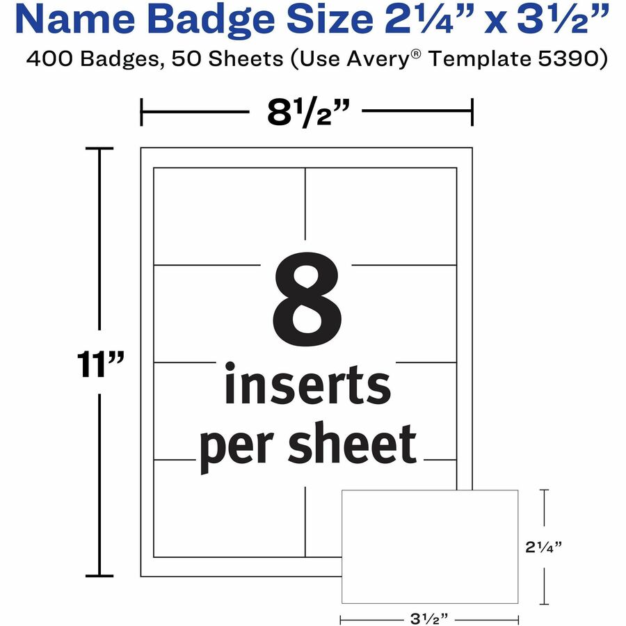 Avery&reg; Laser/Inkjet Badge Insert Refills - x 2 1/4" Width x 3 1/2" Length - Insert - Inkjet, Laser - White - Card Stock - 8 / Sheet - 50 Total Sheets - 400 Total Label(s) - 400 / Box