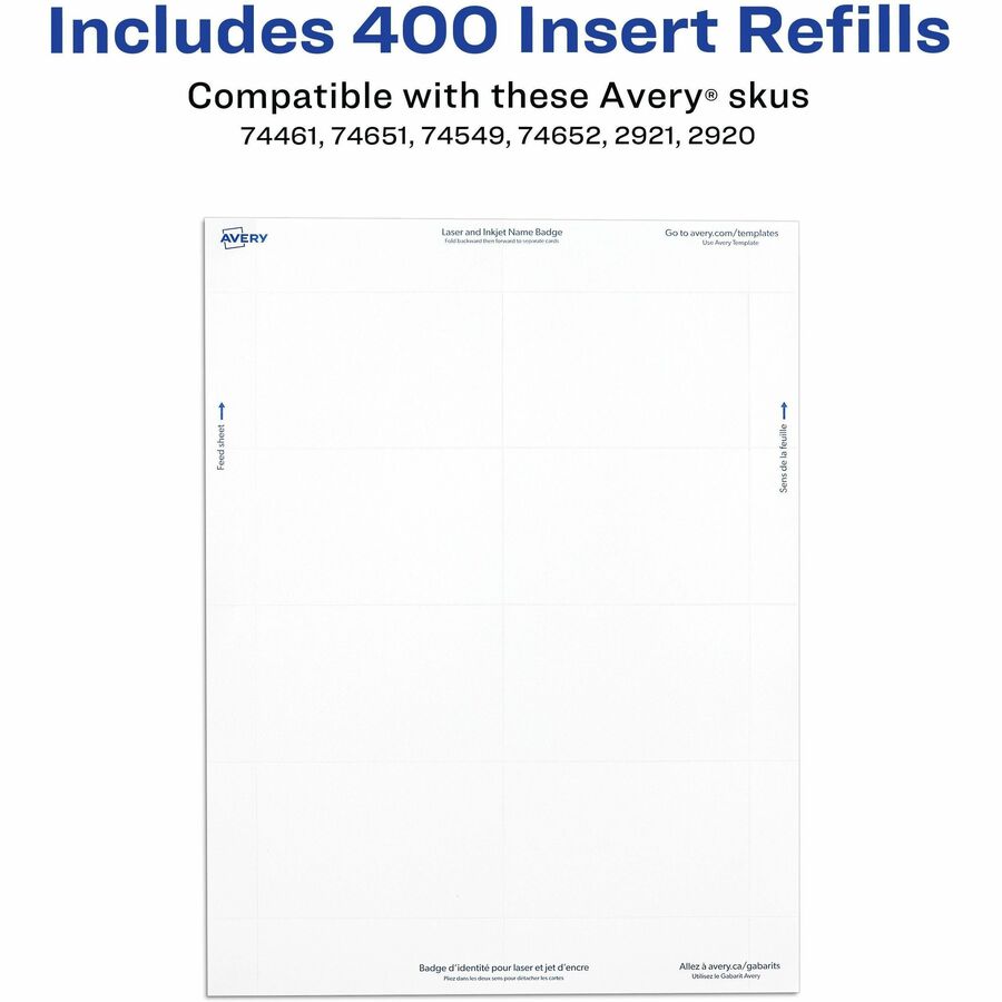 Avery&reg; Laser/Inkjet Badge Insert Refills - x 2 1/4" Width x 3 1/2" Length - Insert - Inkjet, Laser - White - Card Stock - 8 / Sheet - 50 Total Sheets - 400 Total Label(s) - 400 / Box
