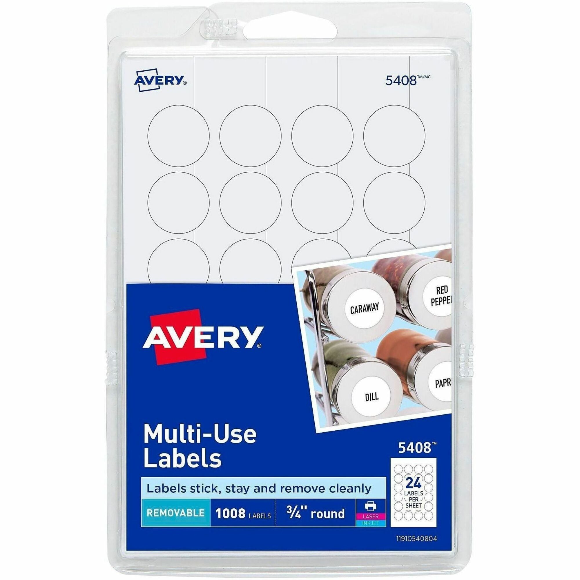 Avery&reg; Removable ID Labels - 3/4" Diameter - Removable Adhesive - Circle - Laser, Inkjet - White - Self-adhesive - 1008 / Pack