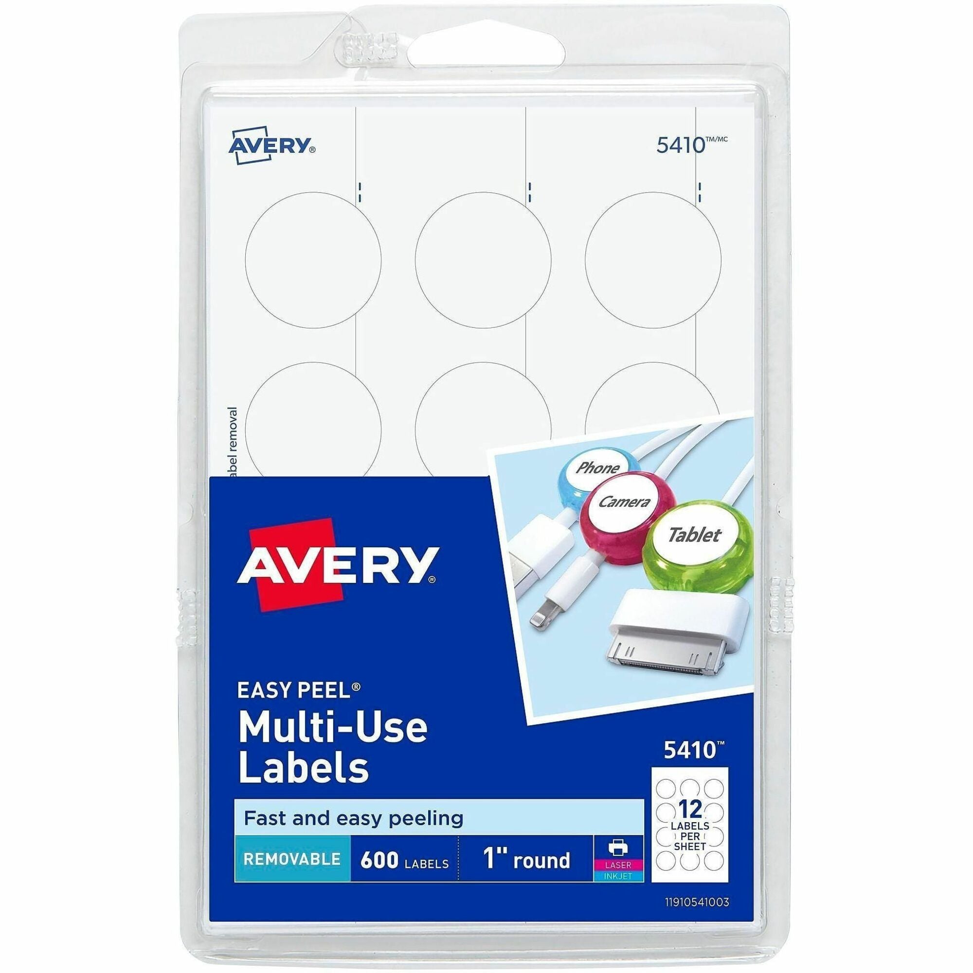 Avery&reg; Removable ID Labels - 1" Diameter - Removable Adhesive - Circle - Inkjet, Laser - White - Self-adhesive - 600 / Pack